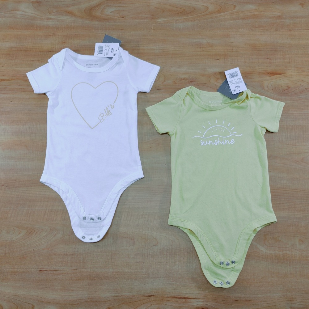 Grayson Mini Baby Girls 18M White Heart BFFs & Yellow Sunshine Bodysuits 2 Pack‎